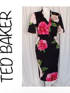 Ted Baker Black Midi Dress with Pink and Green Floral Print